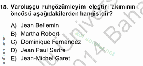 18. soru: Varoluşçu ruhçözümleyim eleştiri akımının ( öncüsü aşağıdakilerden hangisidir? A) Jean Bellemin B) Martha Robert C) D…