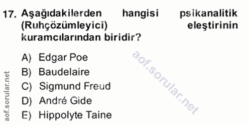 17. soru: Aşağıdakilerden hangisi psikanalitik (Ruhçözümleyici) eleştirinin kuramcılarından biridir? A) Edgar Poe B) Baudelaire…