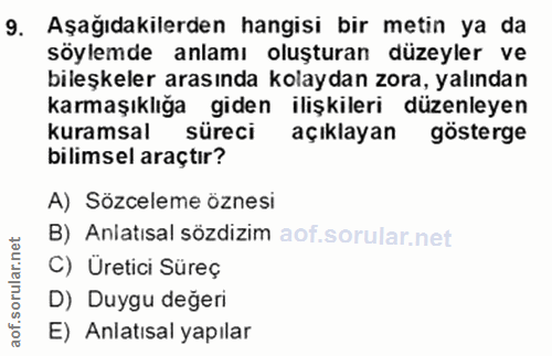 9. soru: Aşağıdakilerden hangisi bir metin ya da söylemde anlamı oluşturan düzeyler ve bileşkeler arasında kolaydan zora, yalı…