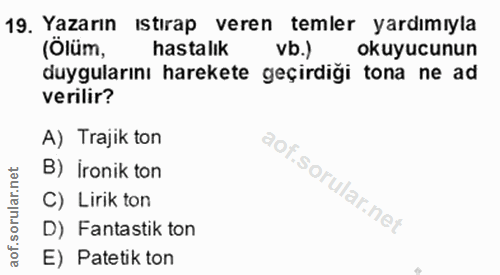 19. soru: Yazarın ıstırap veren temler yardımıyla (Ölüm, hastalık vb.) okuyucunun duygularını harekete geçirdiği tona ne ad ver…