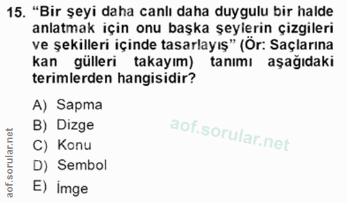 15. soru: "Bir şeyi daha canlı daha duygulu bir halde anlatmak için onu başka şeylerin çizgileri ve şekilleri içinde tasarlayış…
