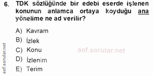 6. soru: TDK sözlüğünde bir edebi eserde işlenen konunun anlamca ortaya koyduğu ana yönelime ne ad verilir? A) Kavram B) İzlek…