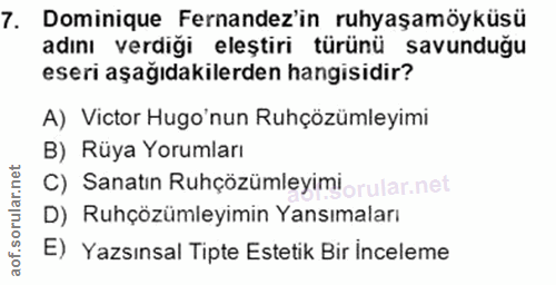 7. soru: Dominique Fernandez'in ruhyaşamöyküsü adını verdiği eleştiri türünü savunduğu eseri aşağıdakilerden hangisidir? A) Vi…