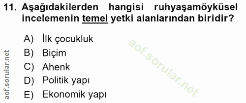 11. soru: Aşağıdakilerden hangisi ruhyaşamöyküsel incelemenin temel yetki alanlarından biridir? A) ilk çocukluk B) Biçim C) Ahe…