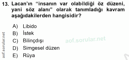 13. soru: Lacan'ın "insanın var olabildiği öz düzeni, yani söz alanı" olarak tanımladığı kavram aşağıdakilerden hangisidir? A)…