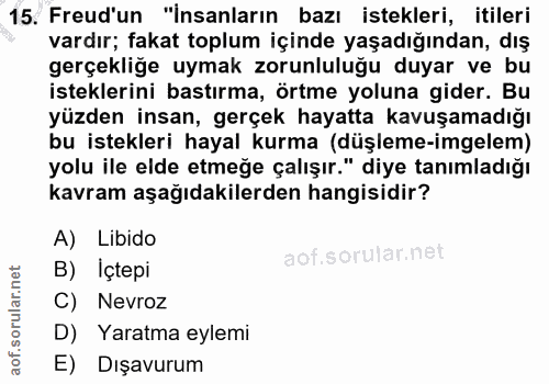 15. soru: Freud'un "insanların bazı istekleri, itileri vardır; fakat toplum içinde yaşadığından, dış gerçekliğe uymak zorunlulu…