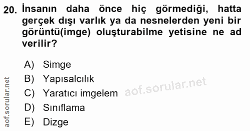 20. soru: İnsanın daha önce hiç görmediği, hatta gerçek dışı varlık ya da nesnelerden yeni bir görüntü(imge) oluşturabilme yeti…