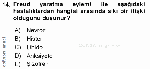 14. soru: Freud yaratma eylemi ile aşağıdaki hastalıklardan hangisi arasında sıkı bir ilişki olduğunu düşünür? A) Nevroz B) His…