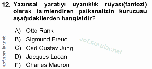 12. soru: Yazınsal yaratıyı uyanıklık rüyası(fantezi) olarak isimlendiren psikanalizin kurucusu aşağıdakilerden hangisidir? A)…