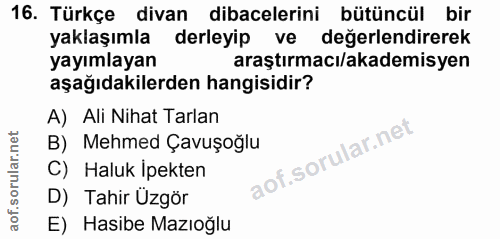 16. soru: Türkçe divan dibacelerini bütüncül bir yaklaşımla derleyip ve değerlendirerek yayımlayan araştırmacı/akademisyen aşağ…