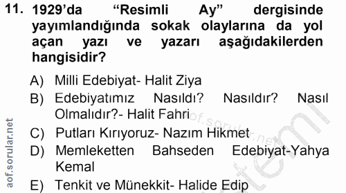 11. soru: 1929'da "Resimli Ay" dergisinde yayımlandığında sokak olaylarına da yol açan yazı ve yazarı aşağıdakilerden hangisidi…