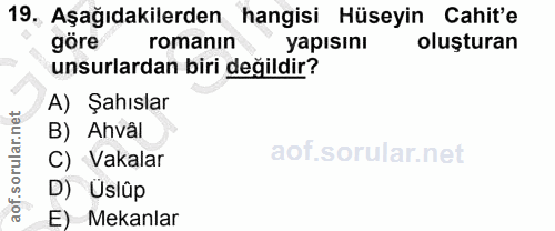 19. soru: Aşağıdakilerden hangisi Hüseyin Cahit'e göre romanın yapısını oluşturan unsurlardan biri değildir? A) Şahıslar B) Ahv…