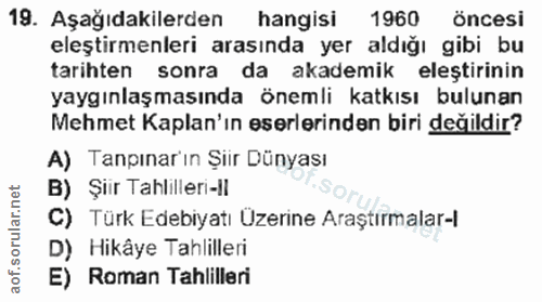 19. soru: Aşağıdakilerden hangisi 1960 öncesi eleştirmenleri arasında yer aldığı gibi bu tarihten sonra da akademik eleştirinin…