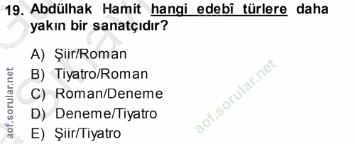 19. soru: Abdülhak Hamit hangi edebî türlere daha yakın bir sanatçıdır? A) Şiir/Roman B) Tiyatro/Roman C) Roman/Deneme D) Denem…