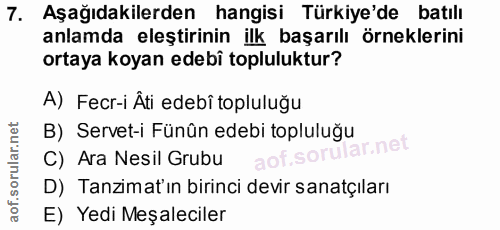 7. soru: Aşağıdakilerden hangisi Türkiye'de batılı anlamda eleştirinin ilk başarılı örneklerini ortaya koyan edebi topluluktur…