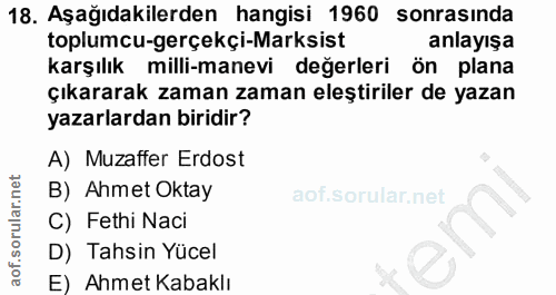 18. soru: Aşağıdakilerden hangisi 1960 sonrasında toplumcu-gerçekçi-Marksist anlayışa karşılık milli-manevi değerleri ön plana…