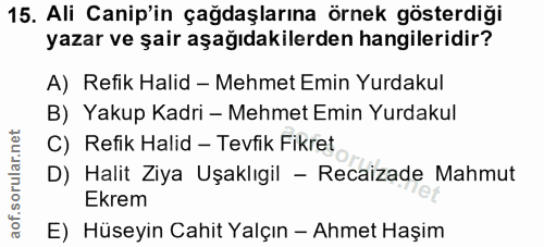 15. soru: Ali Canip'in çağdaşlarına örnek gösterdiği yazar ve şair aşağıdakilerden hangileridir? A) Refik Halid - Mehmet Emin Y…