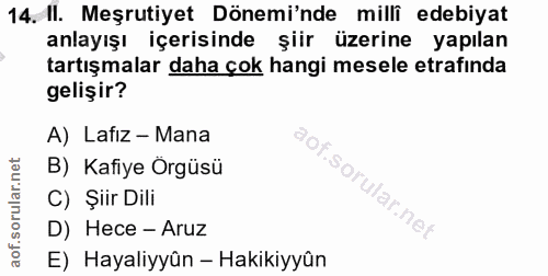 14. soru: Il. Meşrutiyet Dönemi'nde milli edebiyat anlayışı içerisinde şiir üzerine yapılan tartışmalar daha çok hangi mesele e…