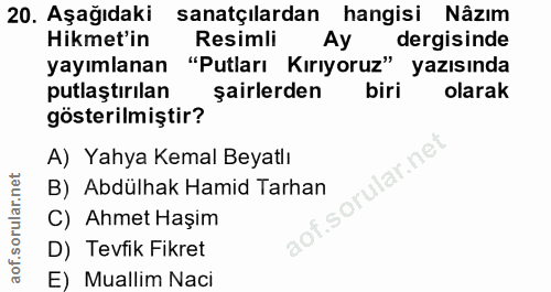 20. soru: Aşağıdaki sanatçılardan hangisi Nâzım Hikmet'in Resimli Ay dergisinde yayımlanan "Putları Kırıyoruz" yazısında putlaş…