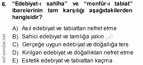 6. soru: "Edebiyat-ı sahîha" ve "menfûr-ı tabiat" ibarelerinin tam karşılığı aşağıdakilerden hangisidir? A) Asıl edebiyat ve t…