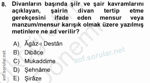 8. soru: Divanların başında şiir ve şair kavramlarını açıklayan, şairin divan tertip etme gerekçesini ifade eden mensur veya m…
