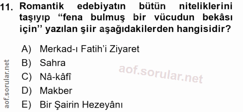 11. soru: Romantik edebiyatın bütün niteliklerini taşıyıp , "fena bulmuş bir vücudun bekâsı için" yazılan şiir aşağıdakilerden…