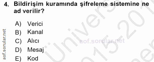 4. soru: Bildirişim kuramında şifreleme sistemine ne ad verilir? A) Verici Kanal Alıcı aof.so D) Mesaj E) Kod