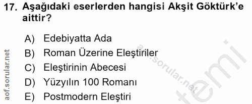 17. soru: Aşağıdaki eserlerden hangisi Akşit Göktürk'e aittir? A) Edebiyatta Ada B) Roman Üzerine Eleştiriler C) Eleştirinin Ab…