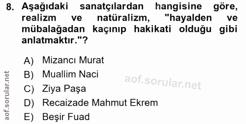 8. soru: Aşağıdaki sanatçılardan hangisine göre, realizm ve natüralizm, "hayalden ve mübalağadan kaçınıp hakikati olduğu gibi…