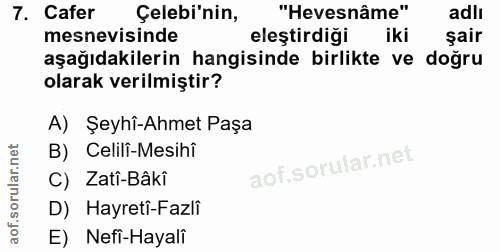 7. soru: Cafer Çelebi'nin, "Hevesnâme" adlı mesnevisinde eleştirdiği iki şair aşağıdakilerin hangisinde birlikte ve doğru olar…