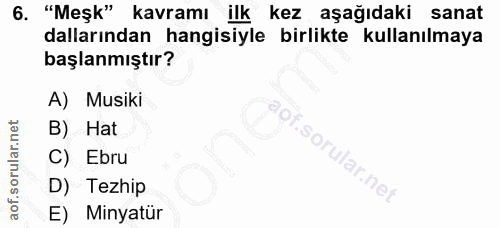 6. soru: "Meşk" kavramı ilk kez aşağıdaki sanat dallarından hangisiyle birlikte kullanılmaya başlanmıştır? A) Musiki B) Hat of…
