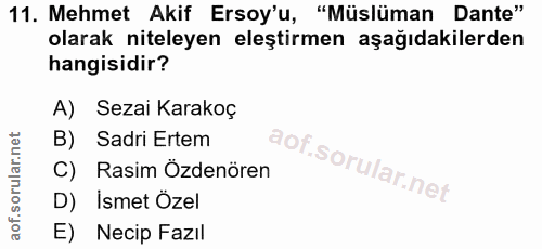 11. soru: Mehmet Akif Ersoy'u, "Müslüman Dante" olarak niteleyen eleştirmen aşağıdakilerden hangisidir? A) Sezai Karakoç B) Sad…