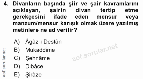 4. soru: Divanların başında şiir ve şair kavramlarını açıklayan, sairin divan tertip etme gerekçesini ifade eden mensur veya m…