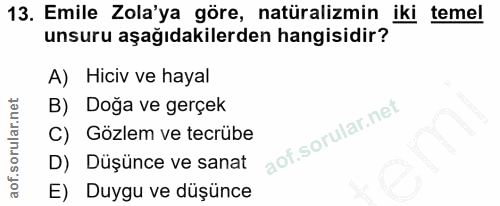 13. soru: Emile Zola'ya göre, natüralizmin iki temel unsuru aşağıdakilerden hangisidir? A) Hiciv ve hayal B) Doğa ve gerçek C)…