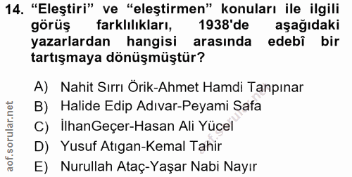 14. soru: "Eleştiri" ve "eleştirmen" konuları ile ilgili görüş farkhılıkları, 1938'de aşağıdaki yazarlardan hangisi arasında ed…