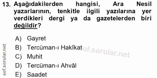 13. soru: Aşağıdakilerden hangisi, Ara Nesil yazarlarının, tenkitle ilgili yazılarına yer verdikleri dergi ya da gazetelerden b…