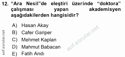 12. soru: "Ara Nesil"de eleştiri üzerinde "doktora" çalışması yapan akademisyen aşağıdakilerden hangisidir? A) Hasan Akay B) Ca…