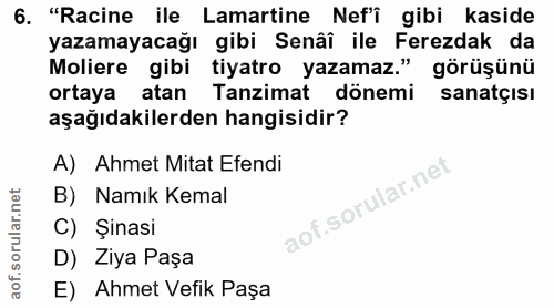6. soru: "Racine ile Lamartine Nef'i gibi kaside yazamayacağı gibi Senâî ile Ferezdak da Moliere gibi tiyatro yazamaz." görüşü…