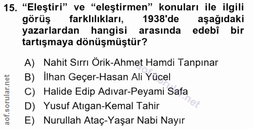 15. soru: "Eleştiri" ve "eleştirmen" konuları ile ilgili görüş farkhılıkları, 1938'de aşağıdaki yazarlardan hangisi arasında ed…