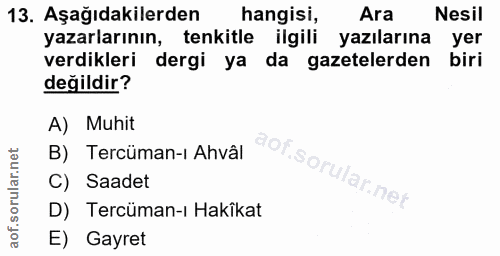 13. soru: Aşağıdakilerden hangisi, Ara Nesil yazarlarının, tenkitle ilgili yazılarına yer verdikleri dergi ya da gazetelerden b…
