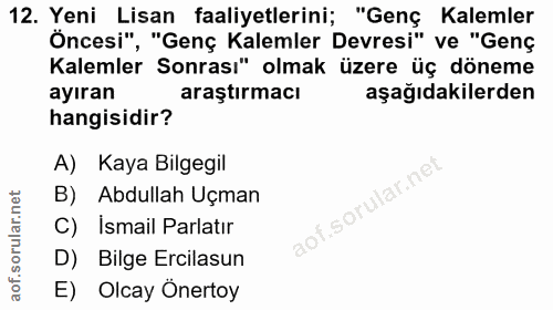 12. soru: Yeni Lisan faaliyetlerini; "Genç Kalemler Öncesi", "Genç Kalemler Devresi" ve "Genç Kalemler Sonrası" olmak üzere üç…