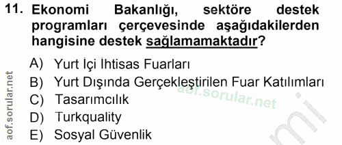 11. soru: Ekonomi Bakanlığı, sektöre destek programları çerçevesinde aşağıdakilerden hangisine destek sağlamamaktadır? A) Yurt…