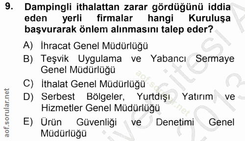 9. soru: Dampingli ithalattan zarar gördüğünü iddia eden yerli firmalar hangi Kuruluşa başvurarak önlem alınmasını talep eder?…