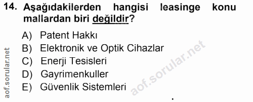 14. soru: Aşağıdakilerden hangisi leasinge konu mallardan biri değildir? A) Patent Hakkı B) Elektronik ve Optik Cihazlar ar.net…