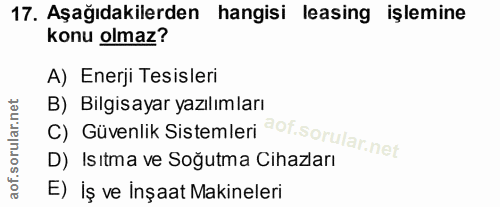 17. soru: Aşağıdakilerden hangisi leasing işlemine konu olmaz? A) Enerji Tesisleri C) Güvenlik Sistemleri aot. B) Bilgisayar ya…