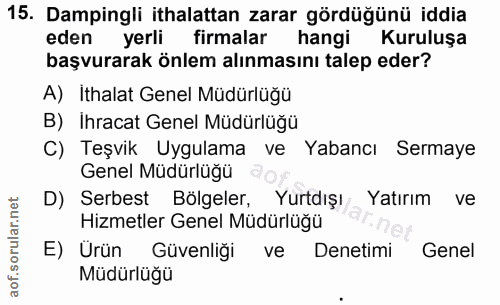 15. soru: Dampingli ithalattan zarar gördüğünü iddia eden yerli firmalar hangi Kuruluşa başvurarak önlem alınmasını talep eder?…