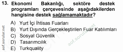 13. soru: Ekonomi Bakanlığı, sektöre destek programları çerçevesinde aşağıdakilerden hangisine destek sağlamamaktadır? A) Yurt…