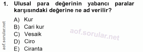 1. soru: Ulusal para değerinin yabancı paralar karşısındaki değerine ne ad verilir? A) Kur B) Cari kur C) Vesaik D) Ciro E) Ci…