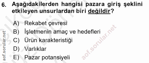 6. soru: Aşağıdakilerden hangisi pazara giriş şeklini etkileyen unsurlardan biri değildir? A) Rekabet çevresi B) Işletmenin am…