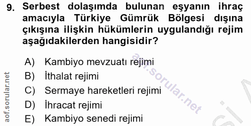 9. soru: Serbest dolaşımda bulunan eşyanın ihraç amacıyla Türkiye Gümrük Bölgesi dışına çıkışına ilişkin hükümlerin uygulandığ…
